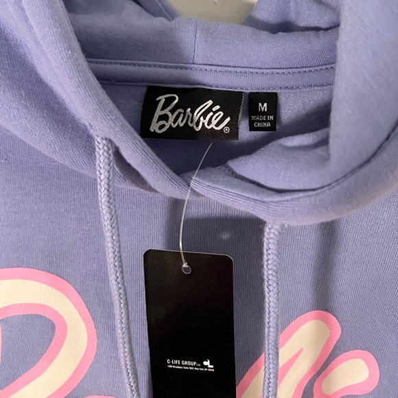 NWT Barbie Purple Crop Top Hoodie with Pink, White, Purple Stripe Cuffing - Picture 5 of 7
